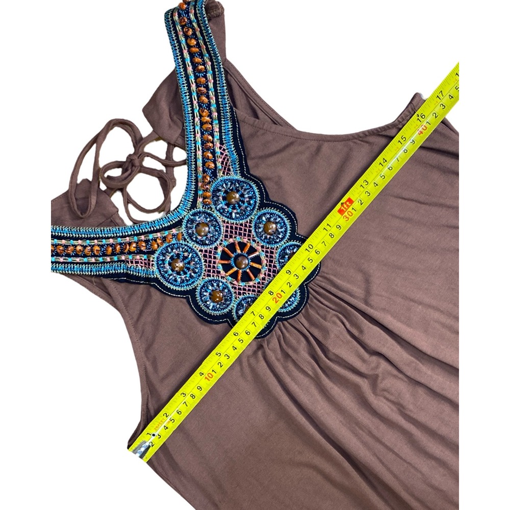 Venus Brown Beaded Embroidered Maxi Dress M Boho Sleeveless Resort Vacay  Casual - Picture 7 of 9